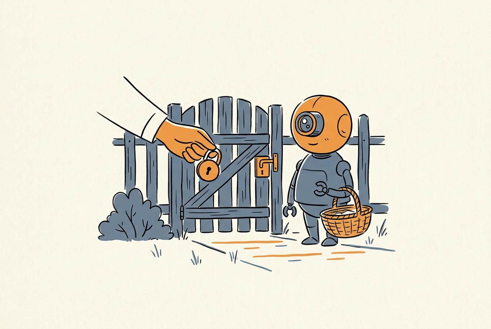 Illustration: A human hand clicks its own orange padlock onto a slate blue wooden gate.