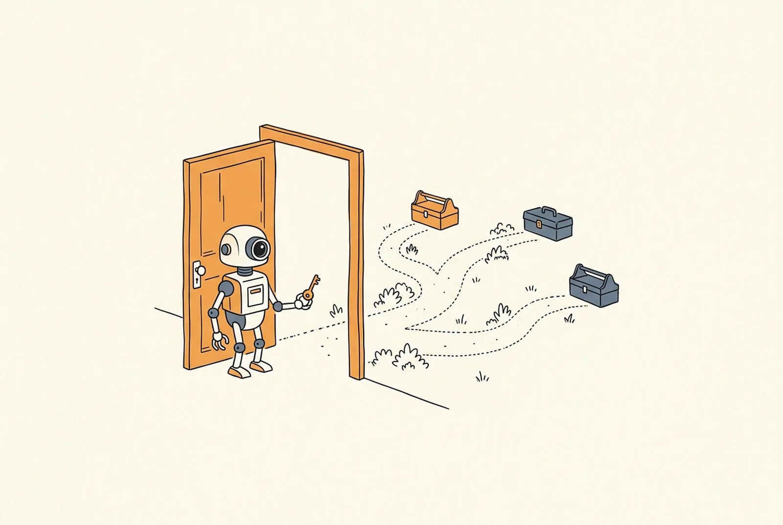 Illustration: A small friendly robot with a round camera-eye head stands at one open door in a plain wall holding a single key.