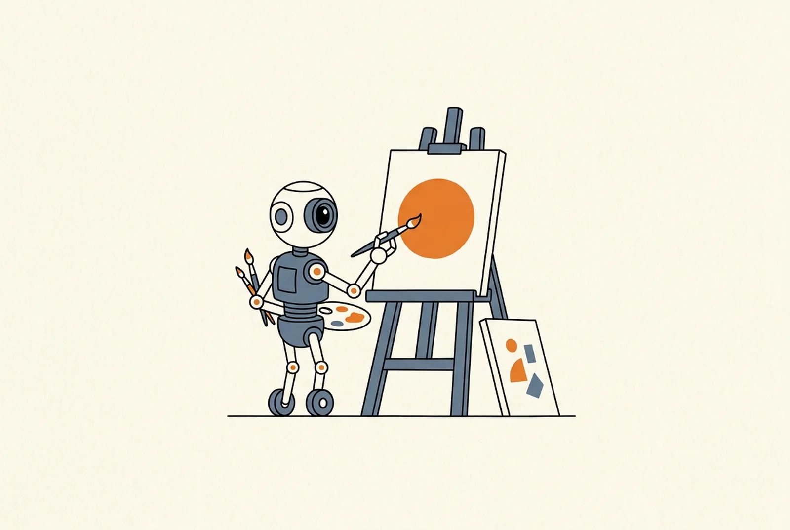 Illustration: A small friendly robot with a round camera-eye head paints a bold orange circle on a canvas on an easel.