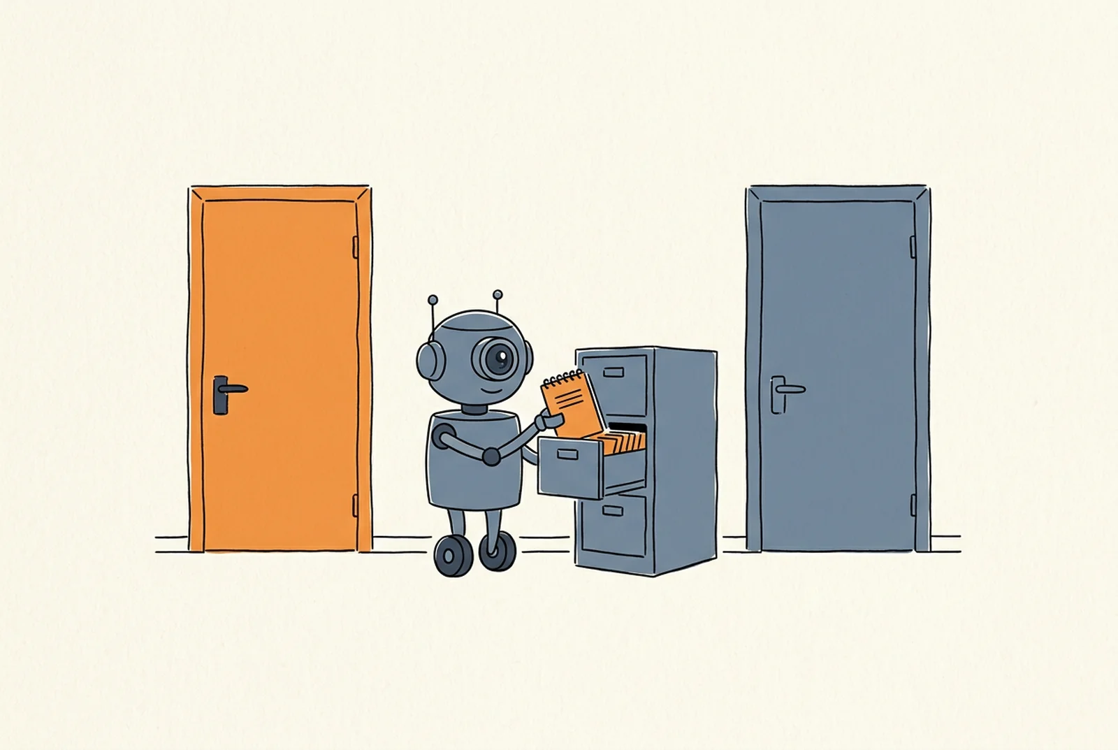 Illustration: A small friendly robot with a round camera-eye head stands at a filing cabinet with one drawer open, placing a notebook inside.