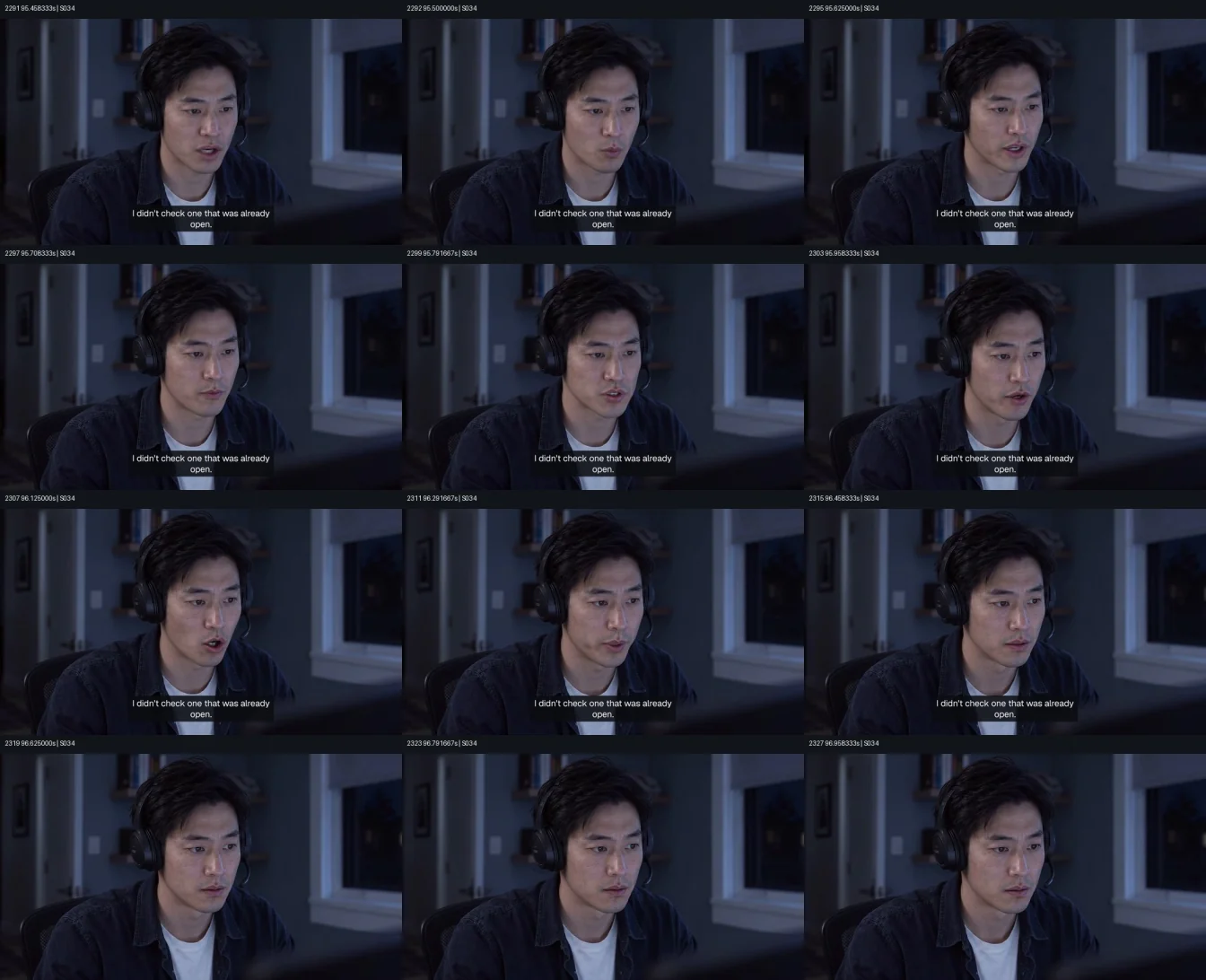 Consecutive frames from the final encoded film used to review dialogue and captions.