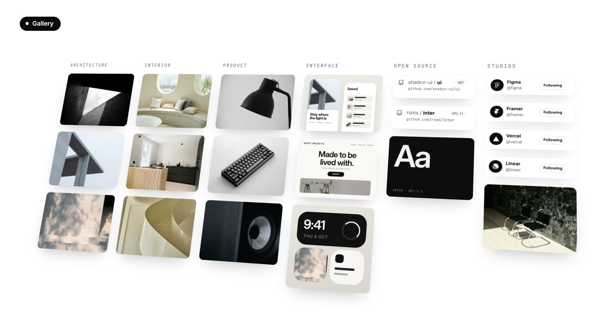 Concept-film Gallery grouping architecture, interiors, products, interfaces, and open-source references.