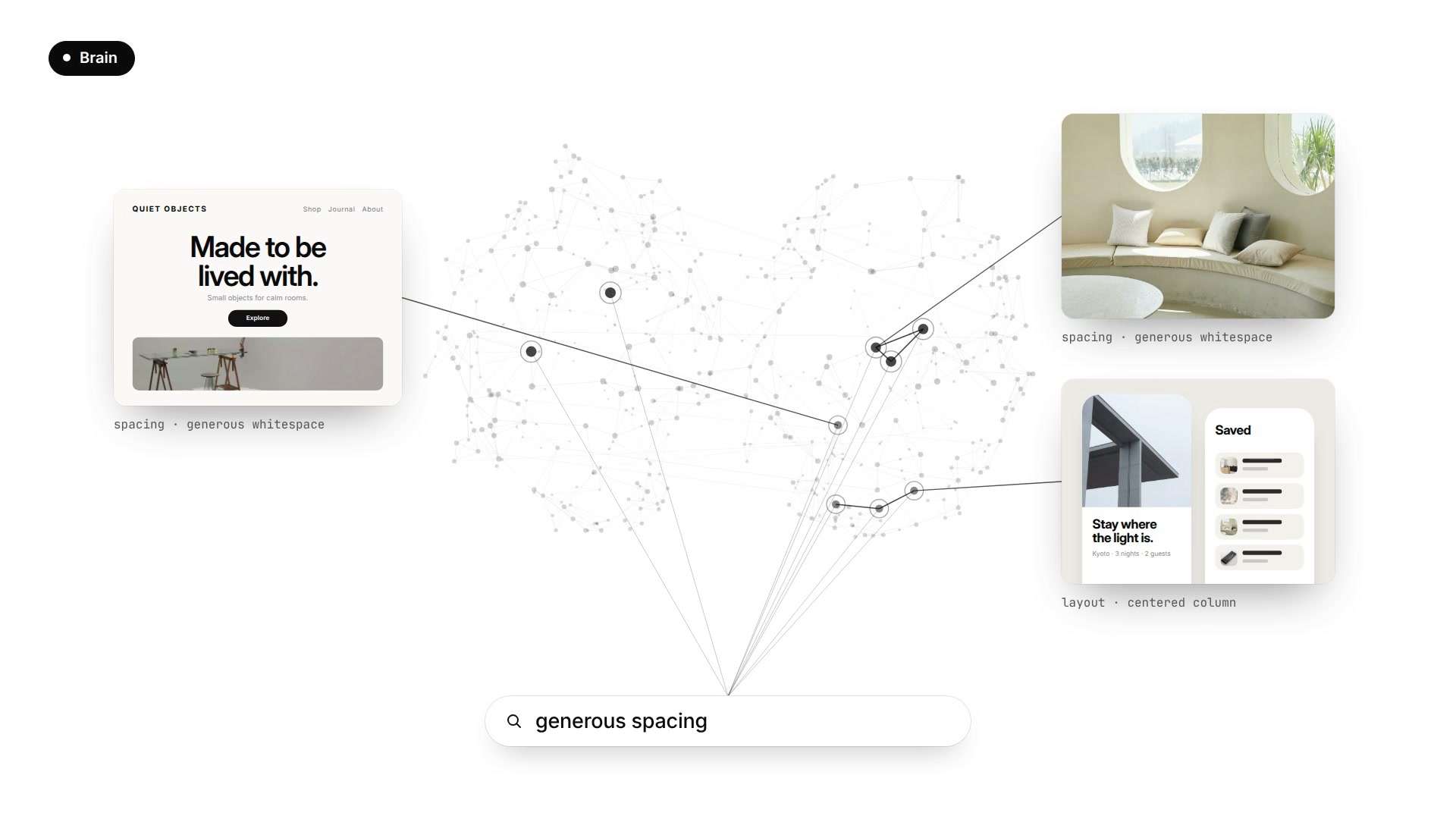 Concept-film Brain search for generous spacing connecting an interface, an interior, and a travel card to their visual references.