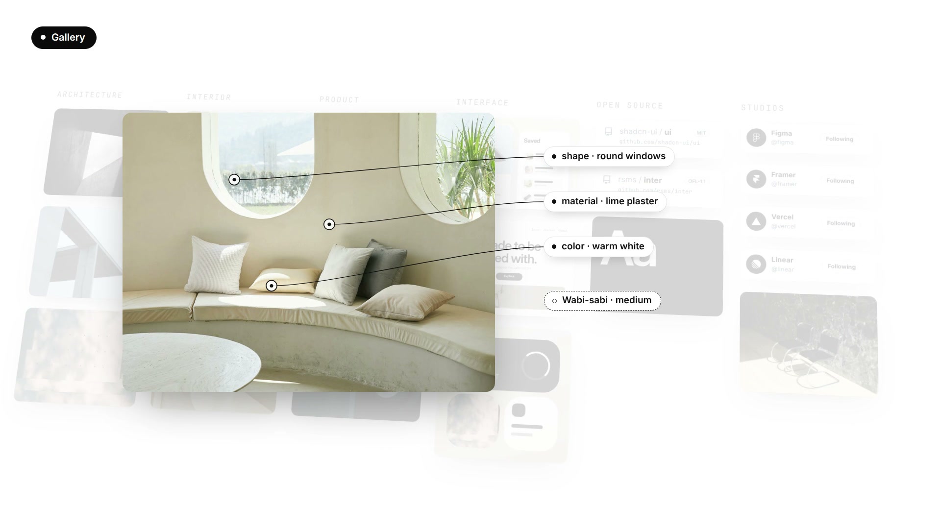 Concept-film interior reference with annotations for round windows, material, warm white color, and a tentative Wabi-sabi label.