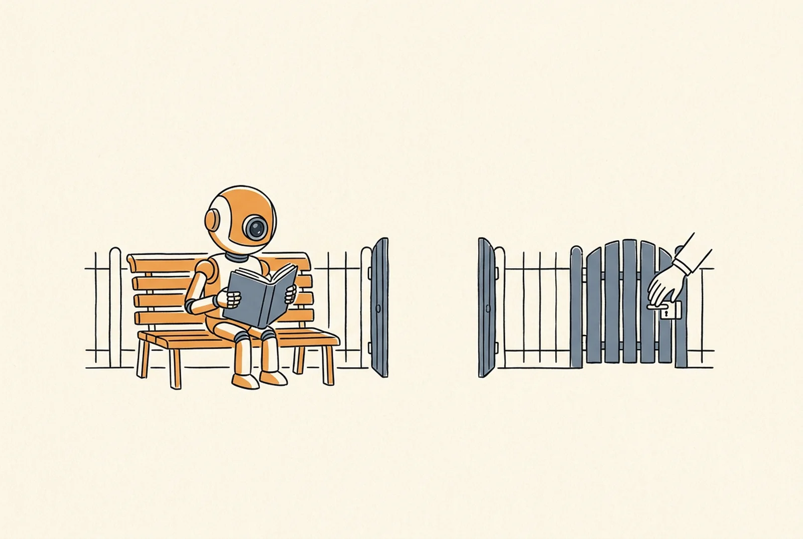 Illustration: A small friendly robot with a round camera-eye head sits on a bench reading an open book.