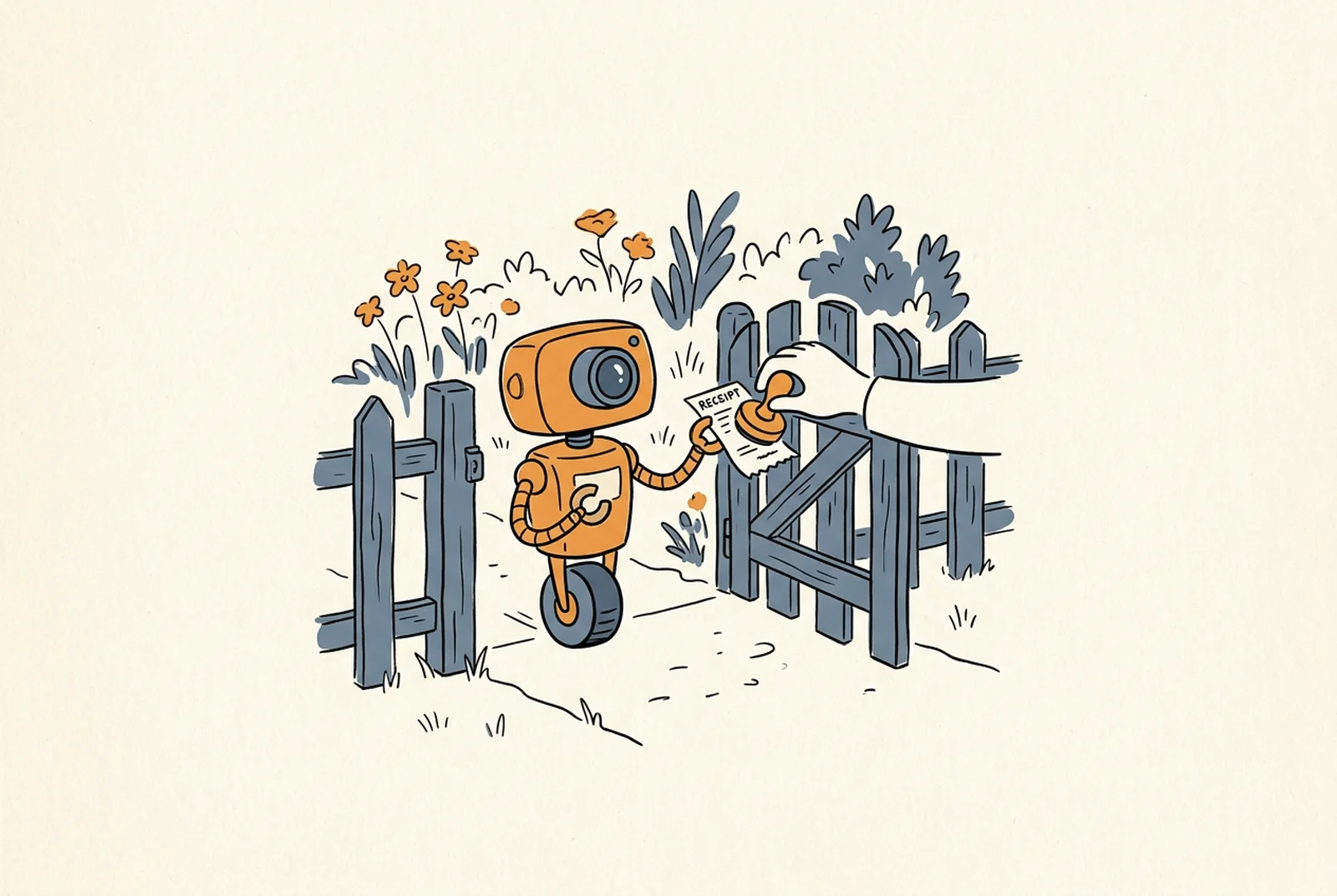 Illustration: A small friendly robot with a round camera-eye head stands at a low garden gate holding a paper receipt.