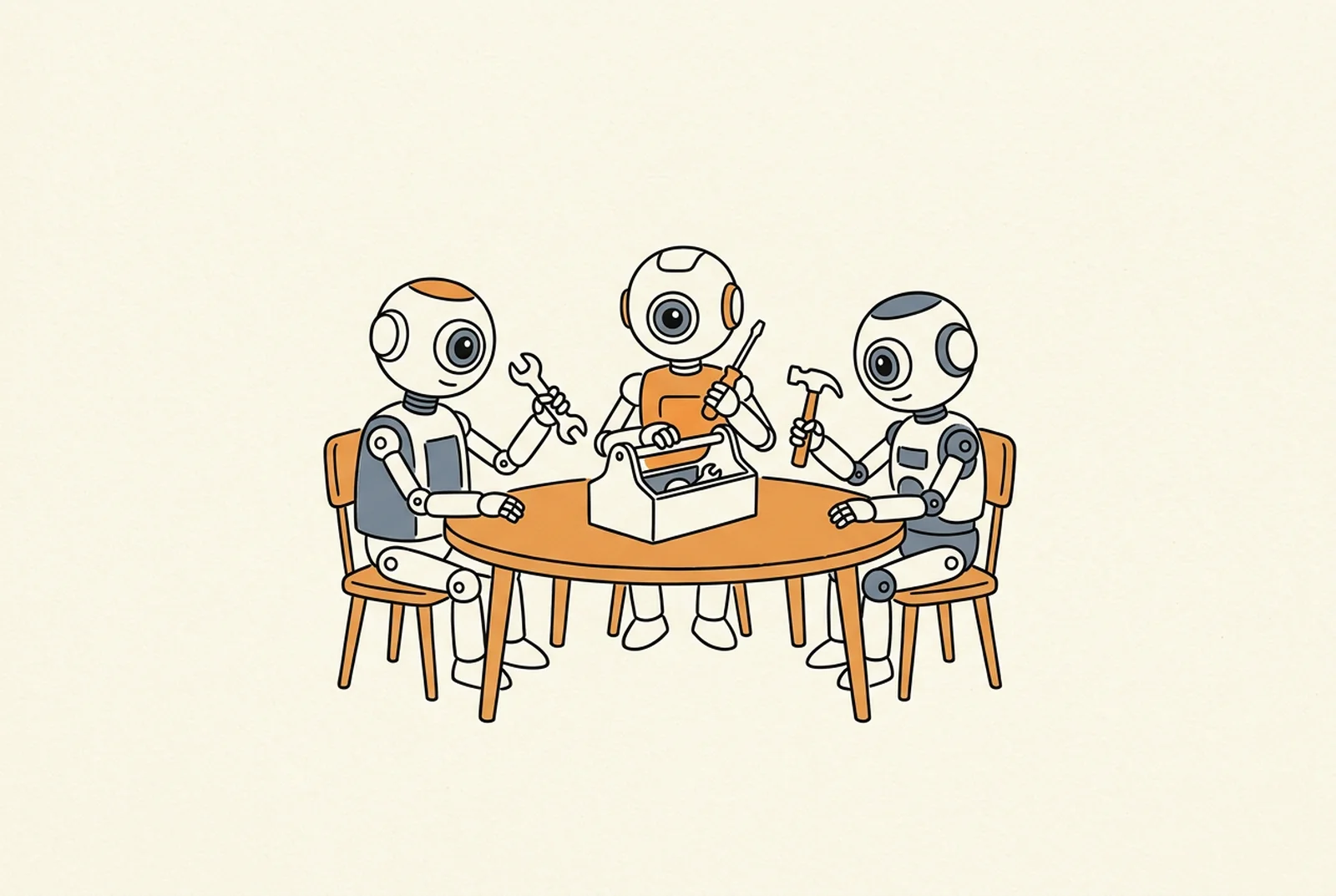 Illustration: Three small friendly robots with round camera-eye heads sit at one round table sharing one toolbox in the middle.